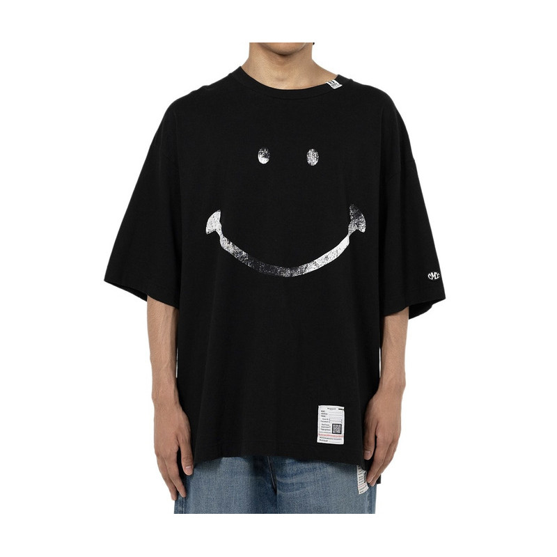 MIHARA YASUHIRO MMY ญี่ปุ่น Casual Two-Color 100% ผ้าฝ้ายพรีเมี่ยม Unisex Smiley พิมพ์ลูกเรือคอแขนสั