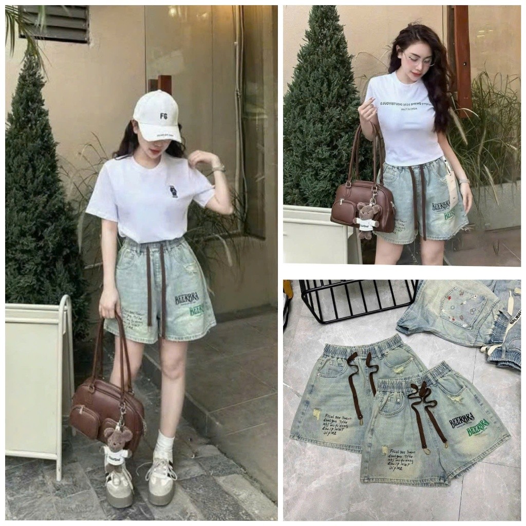 Gigi Closet QCCC QCL1 QS0450 8061 กางเกงยีนส์ยีนส์เบสิคพร้อมขอบเอวยางยืดและสายรัดสีน้ําตาล