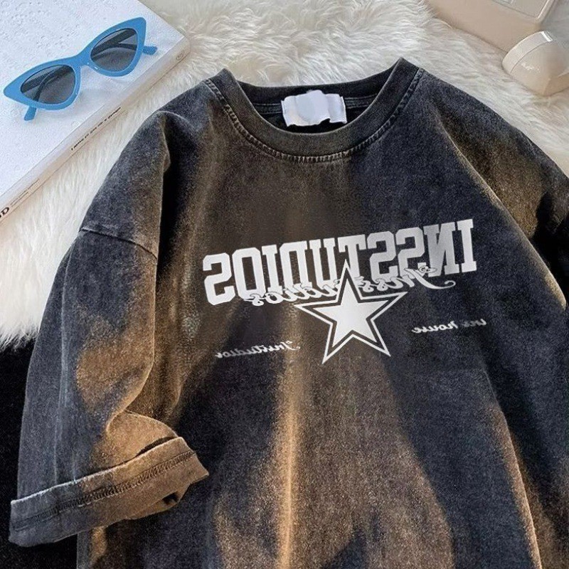 เสื้อยืดผู้ชายแขนสั้น สตรีทแวร์ฟรุ้งฟรุ้ng ทำจากผ้าฝ้ายหนักทามาแล้วมีลวดลายเหมือนชำรุด #BN511NM