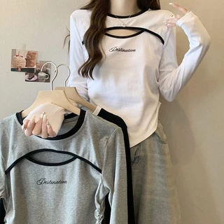 เสื้อยืดโอเวอร์ไซส์ (40-150 กก.) เสื้อแขนยาวทรงกลวงสไตล์เกาหลี เสื้อยืดพลัสไซส์ พิมพ์ลายสายรัด ทรงสลิมฟิต เสื้อยืด