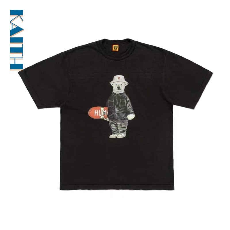 เสื้อยืดคอป้อมแขนสั้น ลายหมีสเก็ตบอร์ด ผ้าฝ้ายสีเรียบ สำหรับผู้ชาย