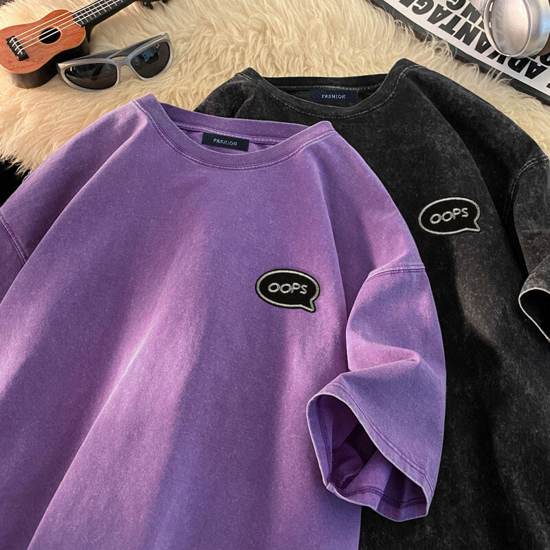 เกาหลี ดาว Oversize เสื้อยืดผ้าฟอก SXT1270 ผู้ชาย ผู้หญิง แฟชั่น วินเทจ ลายทาง ตัวอักษร การ์ตูน ลายสกรีน ฤดูร้อน M-3XL