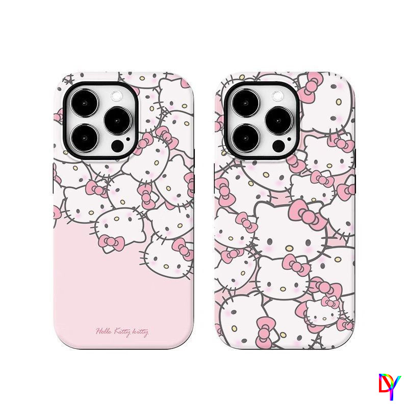 เคสโทรศัพท์ Hello Kitty สีชมพู Apple 16/17pro 15promax 2-in-1 14 น่ารัก 13/12/11Promax Xsmax เคสป้องกันการตกสองชั้น
