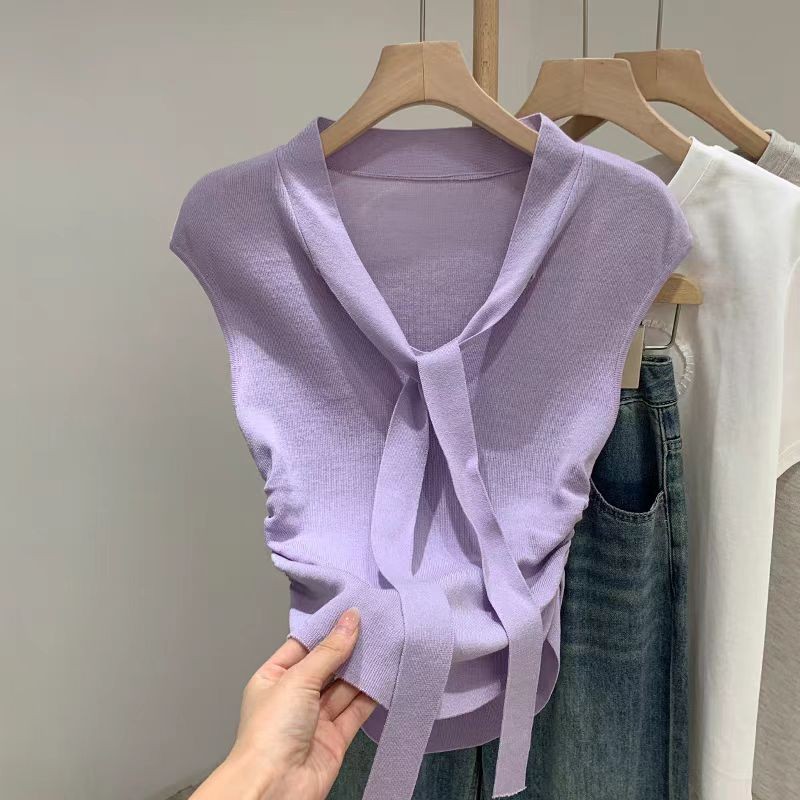 ท็อปเสื้อยืดแขนกุดถักผ้าริบบิ้นสำหรับผู้หญิง ฤดูร้อน ทรงเข้ารูป คอวี ผูกเชือก
