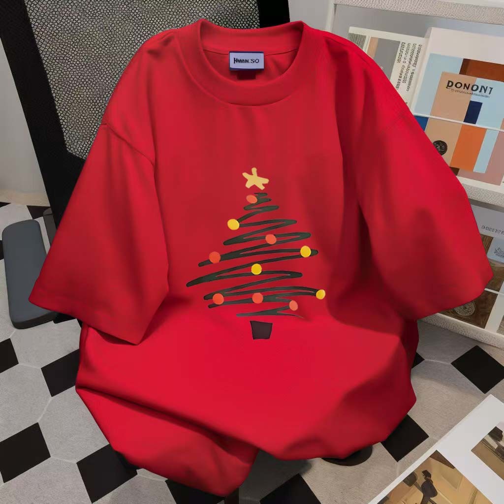 (จัดส่งตลอด 24 ชั่วโมง)Woo Right ใหม่คริสมาสต์เสื้อยืดต้นคริสต์มาสพิมพ์รอบคอขนาดใหญ่พิเศษผู้ชายจีบผ้าฝ้าย