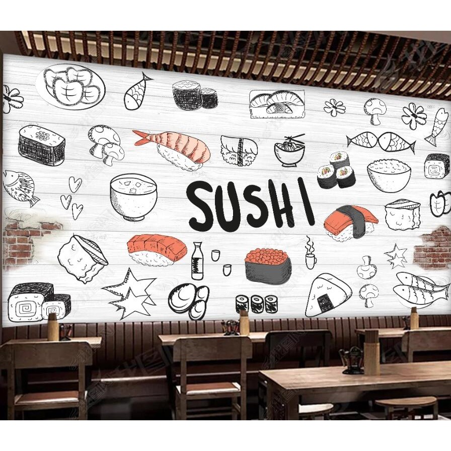 ที่กําหนดเองไม้ญี่ปุ่นซูชิวอลล์เปเปอร์สําหรับซูชิบาร์ร้านอาหารพื้นหลังผนังกระดาษอุตสาหกรรมตกแต่งภาพจิตรกรรมฝาผนัง