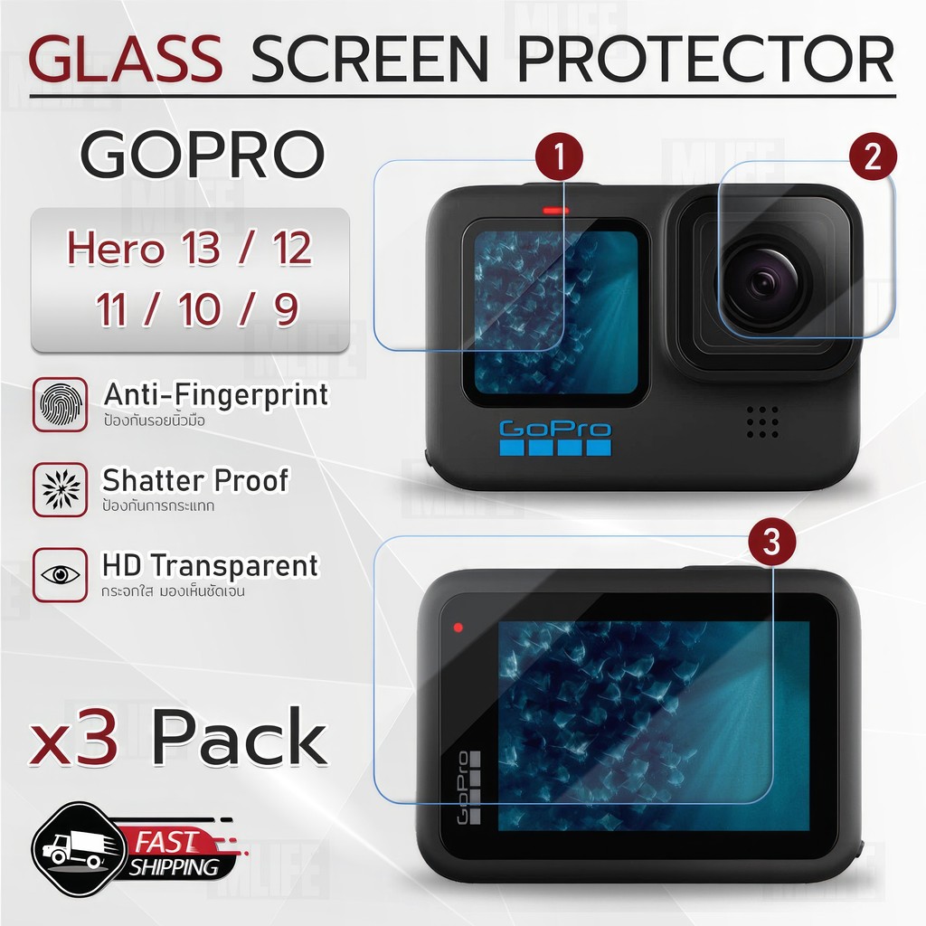 MLIFE กระจก 2.5D - กล้อง GoPro Hero 13 12 11 10 9 ฟิล์มกันรอย กระจกนิรภัย เต็มจอ เคส แบตเตอรี่ - Glass Case Battery
