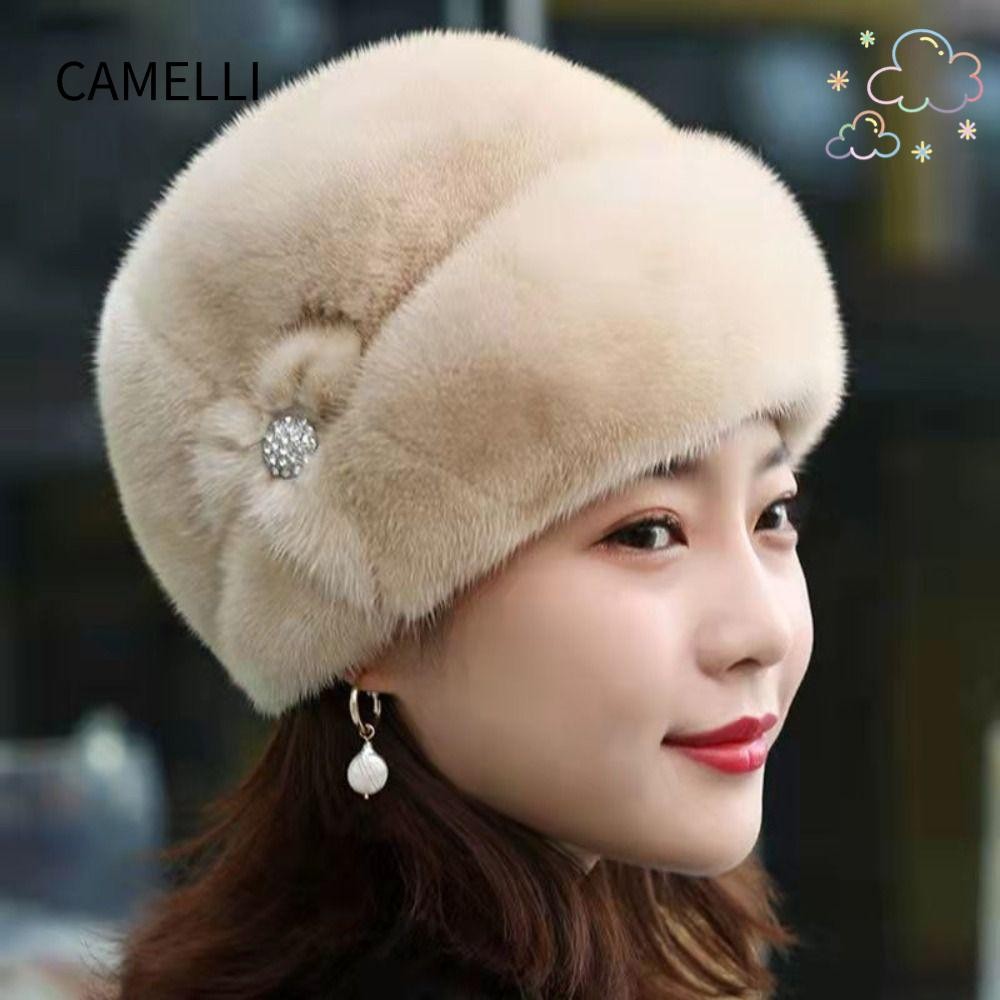 Camelli หมวกฤดูหนาว,หนาดอกไม้ตกแต่งหมวก,แฟชั่นให้ความอบอุ่น Faux กระต่ายขนสัตว์หมวกกันลมผู้หญิง