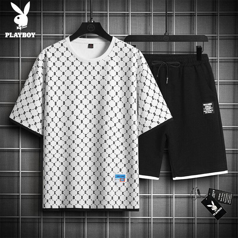 Playboy Summer Trend Full Print B Letter Suit เสื้อแจ็คเก็ตและกางเกงขายาวแฟชั่นสําหรับผู้ชายชุดส