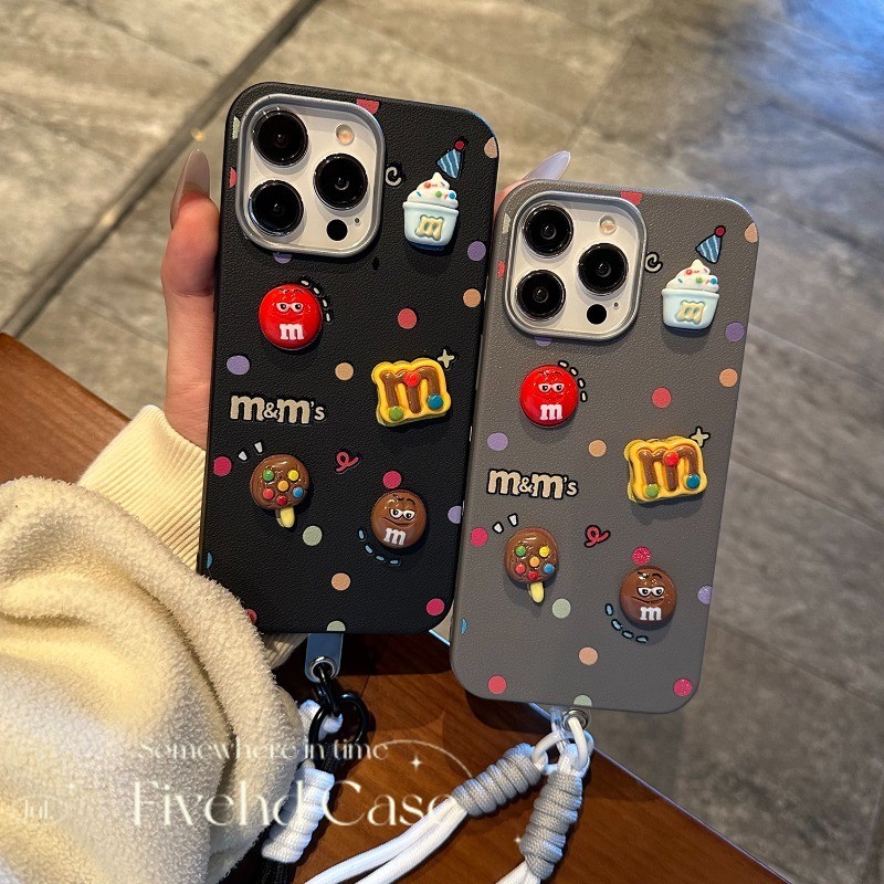 ปลอก + โซ่ + 3D ตุ๊กตาสําหรับ IPhone 16 15 14 13 12 11 Pro Xs Max X XR Plus ป้องกันเคสโทรศัพท์แฟชั่น Anti Drop Protection การ์ตูนน่ารัก M & M ปกอ่อน