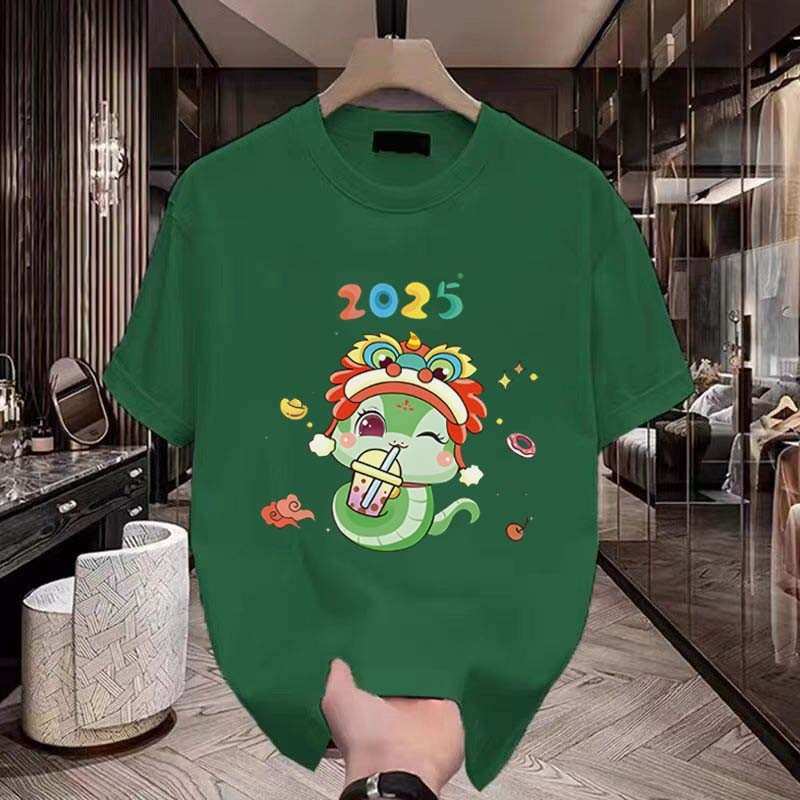 (จัดส่งตลอด 24 ชั่วโมง)Fanfei Clothing store ปีงูเกาหลีเสื้อยืดการ์ตูนพิมพ์ขนาดใหญ่ผู้ชายจีบผ้าฝ้ายสำหรับผู้ชายและผู้หญิ