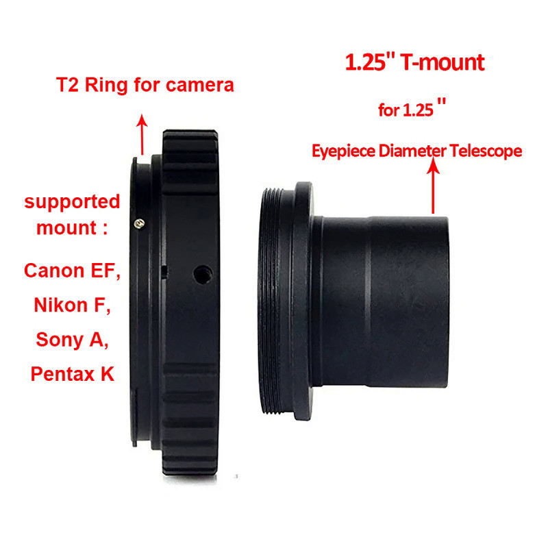 1.25 " to T2 (M42x0.75) Telescope Adapter Tube + Camera T2 Adapter Ring for Canon EF / Sony A / Niko