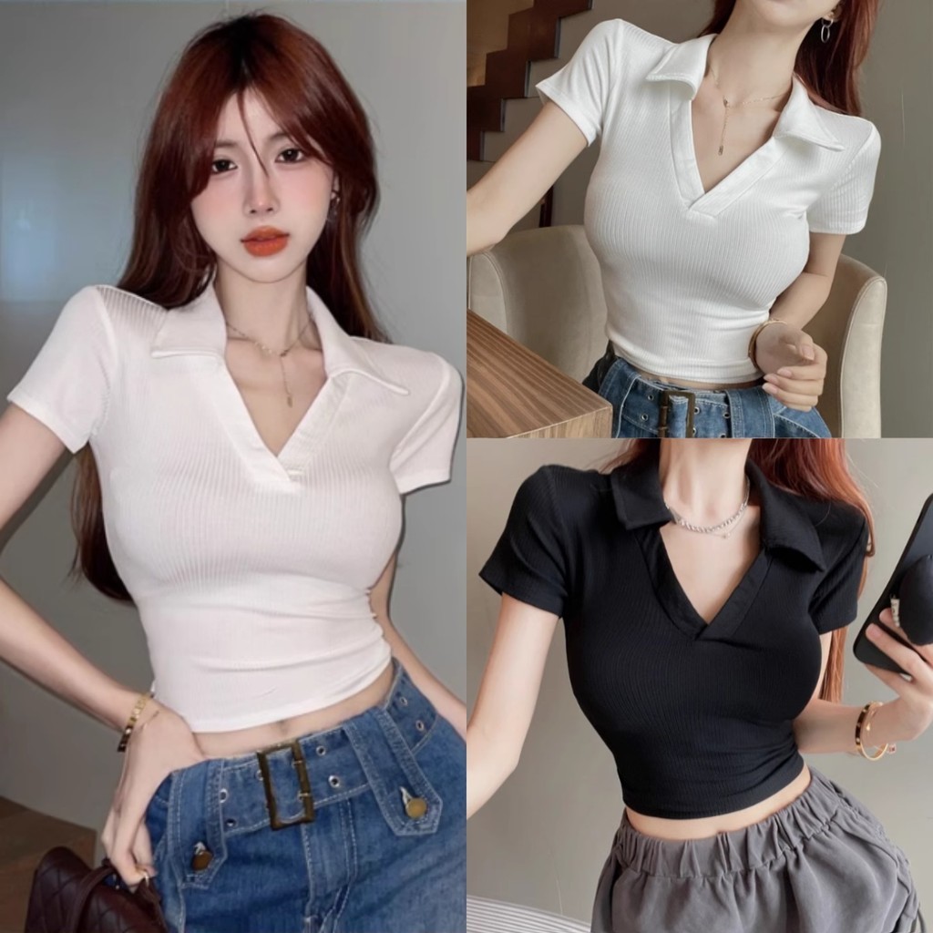 Bella Shop 🌻 เสื้อยืดสีขาว ทรงสั้น ลำลอง ✨ เสื้อโปโลคอวี ทรงเข้ารูป แขนสั้น สำหรับผู้หญิง