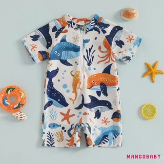 (จัดส่งในกรุงเทพฯ)- ชุดว่ายน้ําเด็กผู้หญิง Shark พิมพ์แขนสั้น Mock คอ Zip Up Rash Guard ชุดว่ายน้ํา