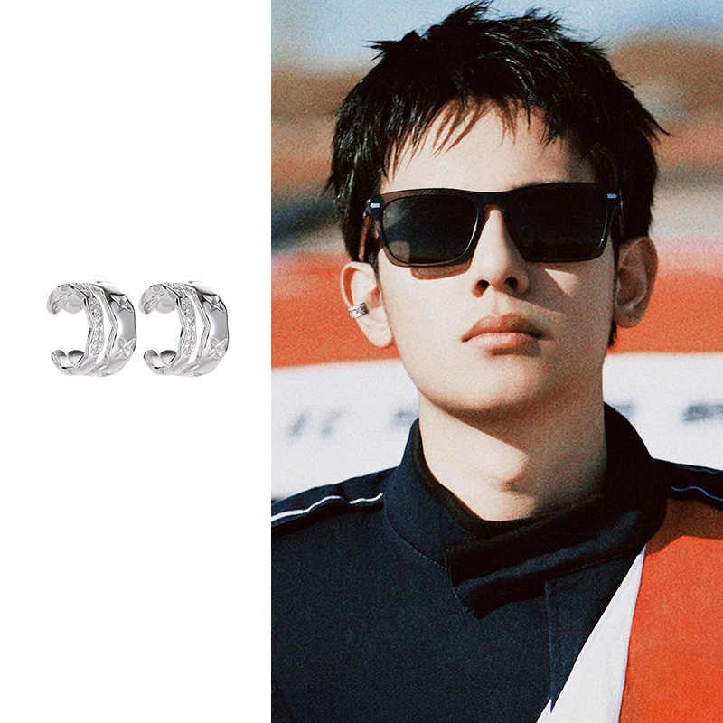 เพทายคลื่นสองชั้นต่างหูผู้ชาย R hombus ต่างหูโดยไม่ต้องเจาะต่างหู