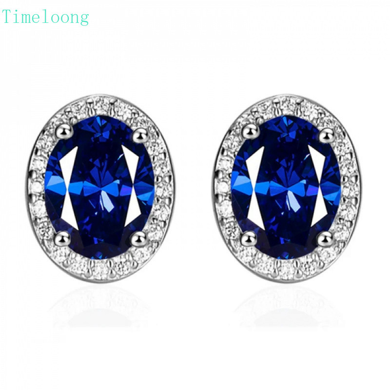 925 เงินสเตอร์ลิง 6*8 MM รูปไข่ Ruby Sapphire High Carbon Diamond Stud ต่างหูแฟชั่นเครื่องประดับ