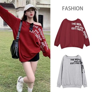 mimi&didi#เสื้อสเวตเตอร์พิมพ์ลายตัวอักษร เสื้อปาดไหล่แขนยาวส…