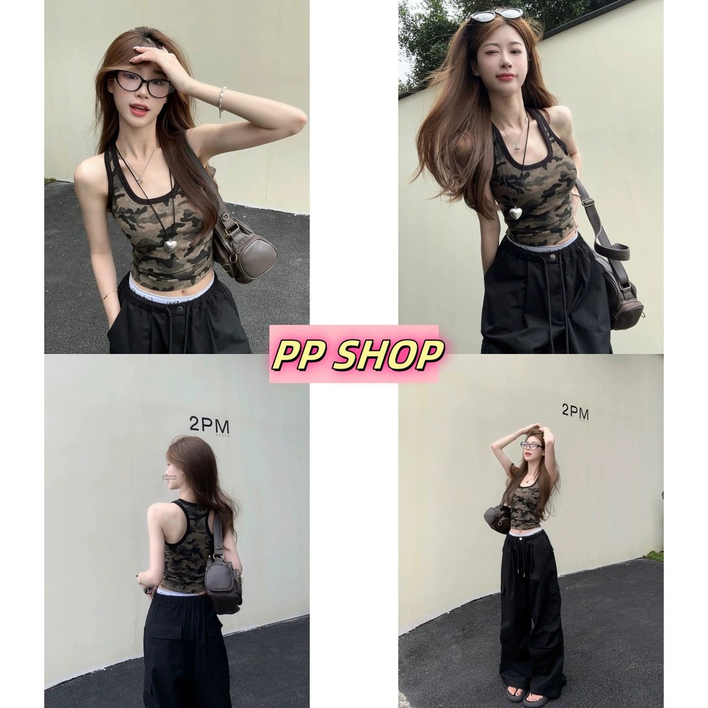 PP Shop​ ​​พร้อมส่ง เสื้อกล้าม มีฟองน้ำทหาร ลายพราง เสื้อครอป เซ็กซี่ใส่สบาย เข้ารูป คอกลม ผ้าร่อง ทรงสวย ฤดูร้อน#FY841