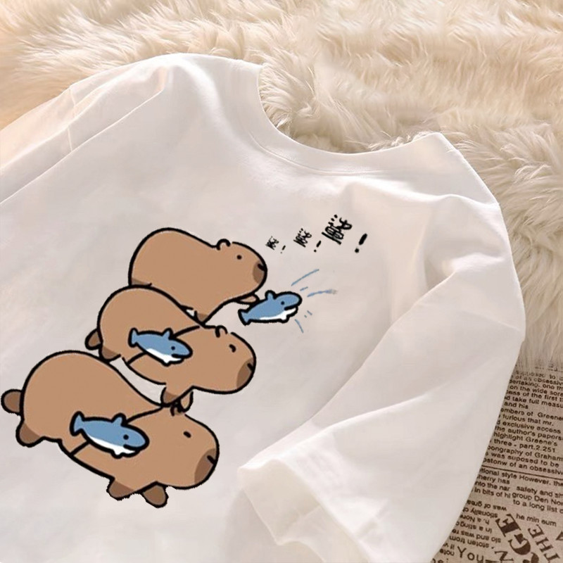 ฤดูร้อนญี่ปุ่นแฟชั่นสนุกและน่ารักการ์ตูนตลก คาปิ บาลา เจงก้า พิมพ์แฟชั่นคู่หลวมสบายๆเสื้อยืดด้านบน