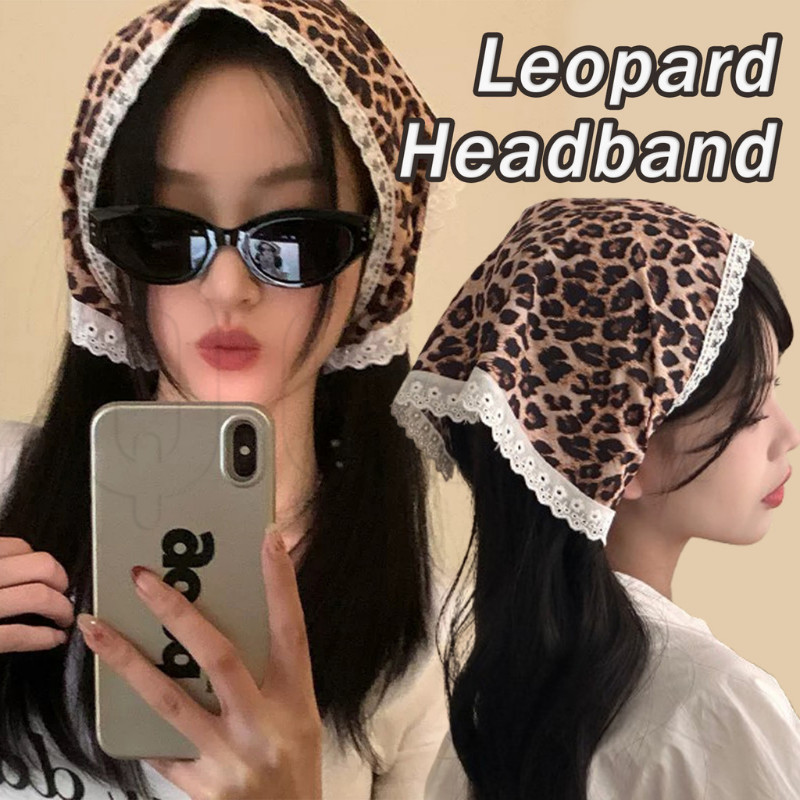 Y2k Spice Girls Leopard Triangle Headscarf - Elagant Lace Hair Scarf - French Retro Scarf - Dark Leo