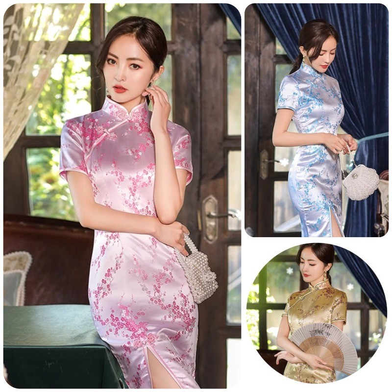 งานปัก กี่เพ้ายาว ผ้าไหมทอลายเนื้อดี ชุดตรุษจีน กี่เพ้า ลายหงส์คู่มังกร (S-3XL)