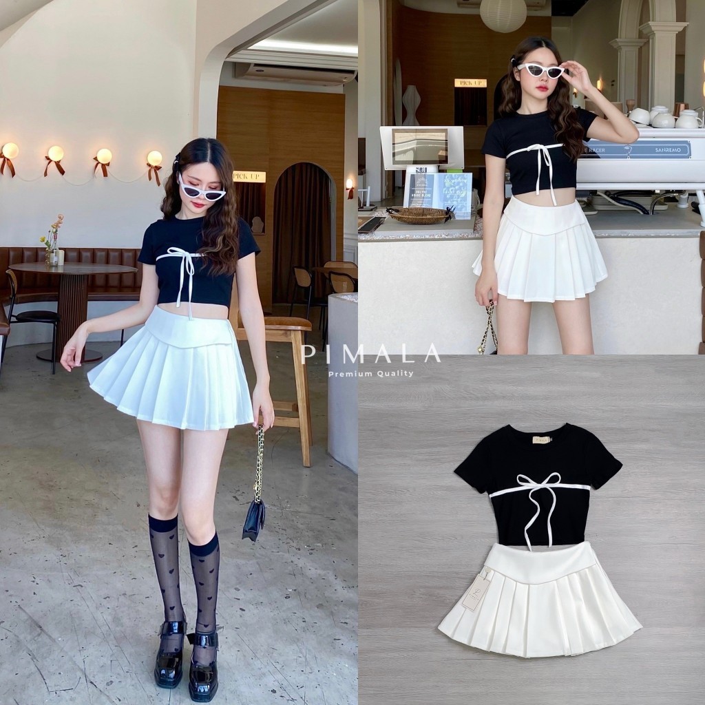 (xs-l) (พร้อมส่ง) Pimala86 เซ็ทเสื้อแขนสั้นดีไซน์น่ารักมากเข้ารูปโชว์หุ่นแต่งเชือกผูกโบว์ด้านหน้า Ca