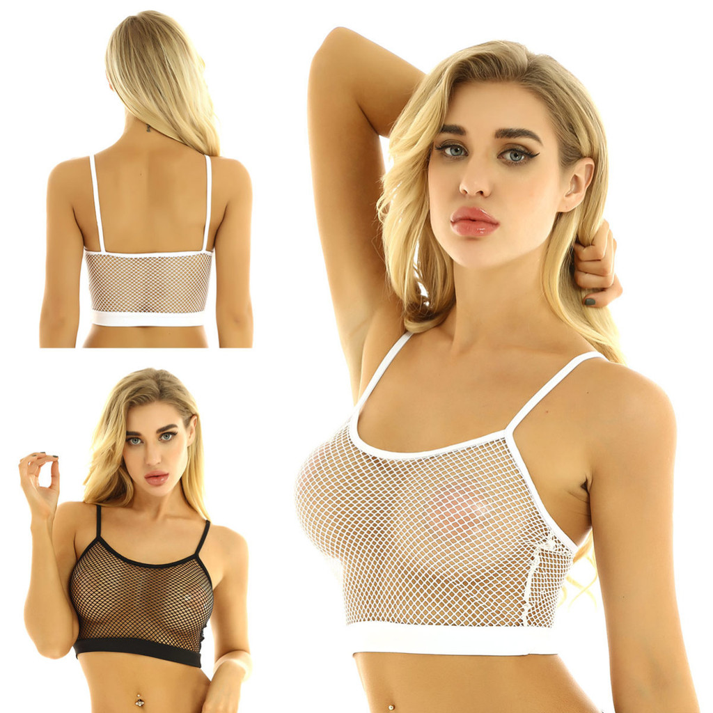 Nikiikoo Women Strappy Mesh Bralette Short Sleeve Vest Crop Tank Top