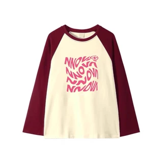 MKL เสื้อยืดแขนยาว คอกลม ทรงหลวมขนาดใหญ่ สีพื้น พิมพ์ลายอักษรสีชมพู แฟชั่นฤดูใบไม้ผลิและฤดูใบไม้ร่วง #B018