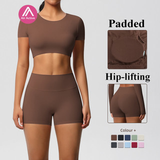Yoga Sports Set Padded Short Sleeves Sports Crop Top And High Waist Sports Shorts
