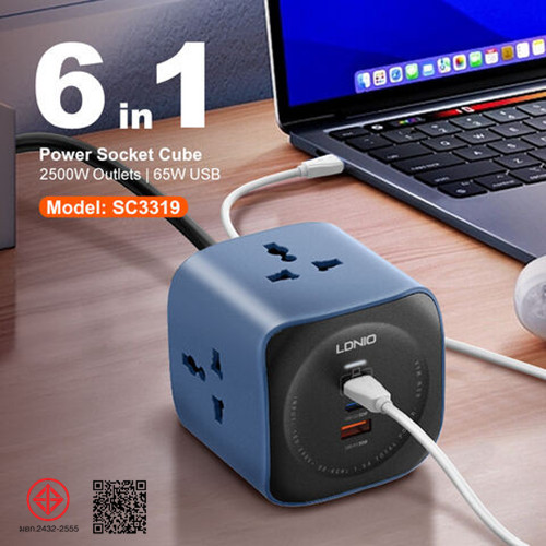 LDNIO SC3319 ปลั๊กไฟ AC GaN EU US UK 65w ซ็อกเก็ตคอมพิวเตอร์ปลั๊กไฟ Cube 6 in 1 ปลั๊กไฟ Cube เครื่อง