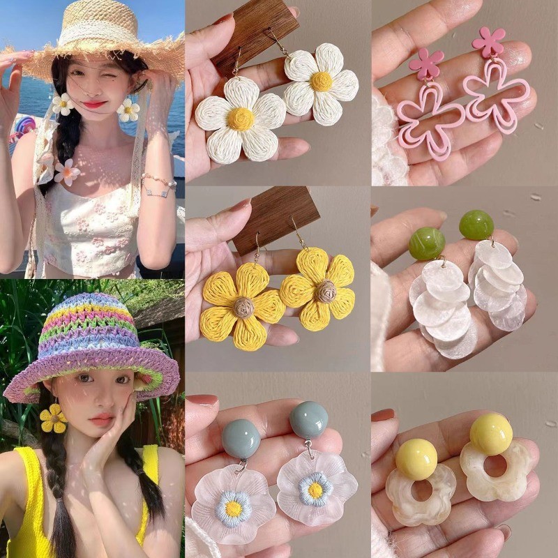 ต่างหูดอกไม้ถัก สไตล์วันหยุดฤดูร้อนสำหรับ 여성