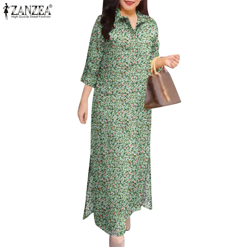 Zanzea ผู้หญิงวินเทจวันหยุดแยกข้อเท้าความยาว Turn-Down-Collar สามไตรมาสแขนเสื้อ