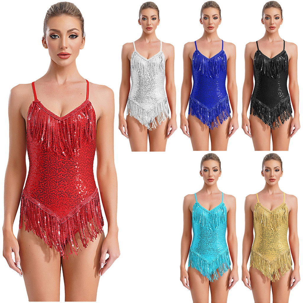Yeahdor ผู้หญิงเต้นรําละตินประสิทธิภาพเครื่องแต่งกายคอวีแขนกุดข้ามกลับเลื่อม Fringd Leotard Dancewea