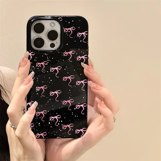 สำหรับ iPhone 16 Pro Max เคส ไอโฟน สีดำมันTPUซอฟท์เคส กันกระแทกกล้องป้องกัน โบว์ดอกไม้ เข้ากันได้กับ 14 13 12 Pro 11...