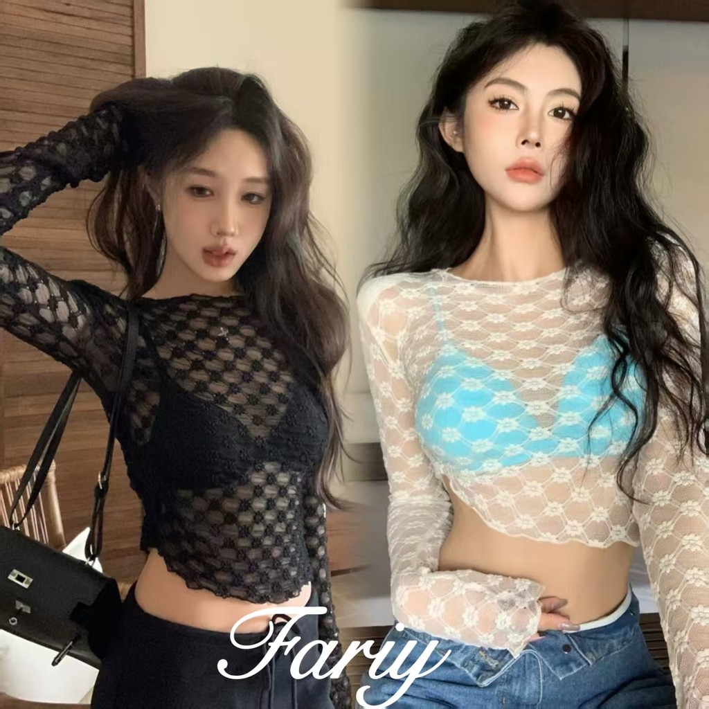 Fairy🍒（ไทยส่ง）เสื้อยืดแขนยาวผ้าตาข่ายโปร่งใสสำหรับหญิงสาวสุดฮอต หวานๆ ในช่วงฤดูร้อน เสื้อเบลาส์ผ้าไหมน้ำแข็งกันแดดแบบบางกลวงด้านใน