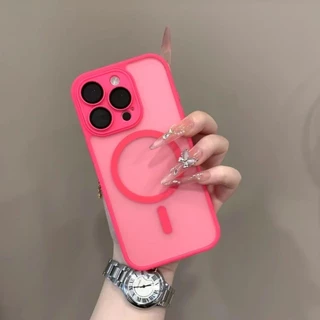 เคสโทรศัพท์เคลือบสีแดงกุหลาบเหมาะสําหรับ iPhone 15 11 12 13 14 16 Pro Max Plus 12mini 13mini เคสแม่เหล็กโปร่งใสกึ่งฝาครอบกันกระแทก