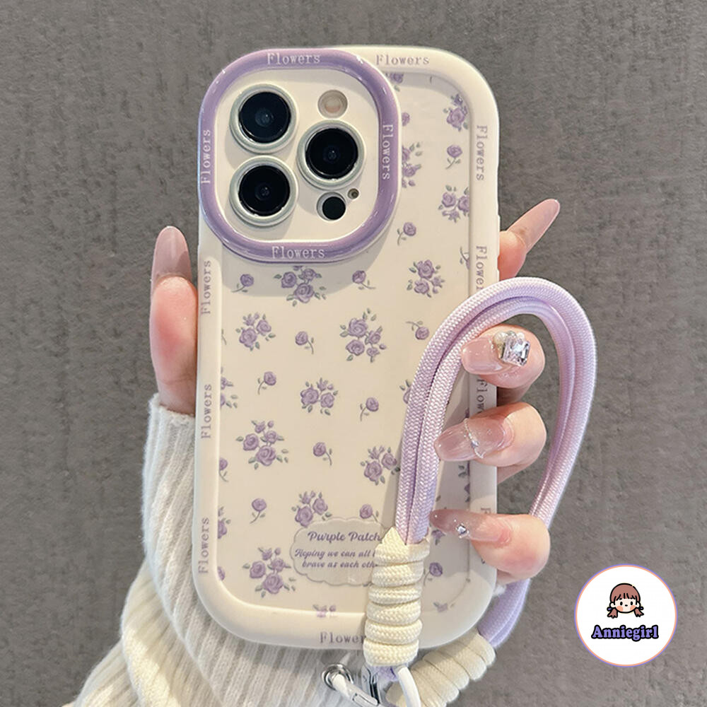 INS ดอกไม้สีม่วงไนลอน Lanyard เคสโทรศัพท์สําหรับ IPhone 11 16 14 15 Pro Max 12 13 ProMax 16 PLUS เลนส์ป้องกัน Drop ทนโทรศัพท์ปกหลัง