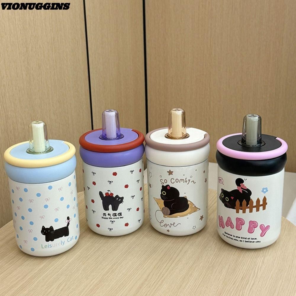 VIONUGGINS แก้วเก็บความร้อนลายการ์ตูนแมว 500มล. พร้อมหูจับ ผลิตจากสเตนเลส 316