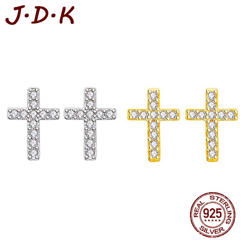 JDK 5A 925 เงินสเตอร์ลิงมินิ 18K Gold Cross Zircon ต่างหู