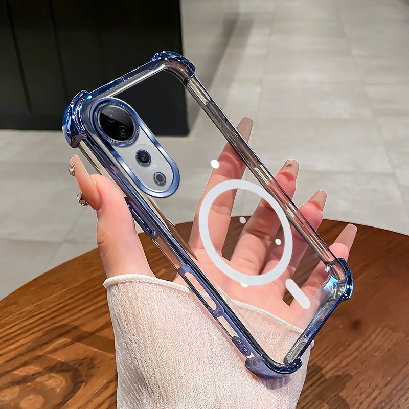 เคสสําหรับ Vivo V40 Pro แม่เหล็กไร้สายโปร่งใสสี่มุมดูดซับแรงกระแทกเลนส์ป้องกันเคสโทรศัพท์ SJSFDDR