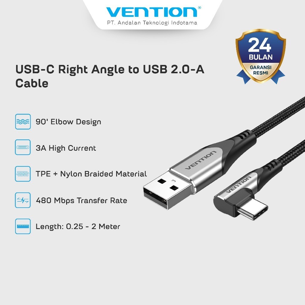 Vention USB Type C to USB 2.0 A สายมุมขวา Braided 3A Fast Charging 3A 480Mbps การออกแบบรูปตัว L 25CM