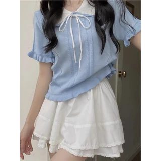 Glassy Sky💖พร้อมส่ง💖 เสื้อยืดไหมพรม คอปก แขนสั้น ผ้าบางเบา ดีเทลลายผ้าผูกโบว์ สไตล์ลำลอง (MT717-1)