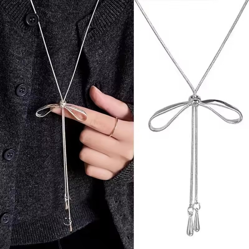 สร้อยคอเชือกรูดกุทัณฑ์สีเงิน Y2K แบบปรับได้ - สร้อยคอแบบปรับได้โบว์แฟชั่นเกาหลีเรียบง่าย
