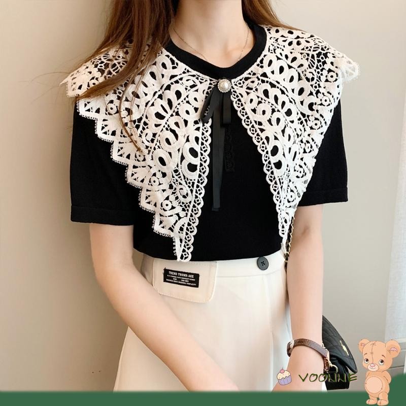 Voonne Artsy ปกเสื้อโพลีเอสเตอร์ แต่งลูกไม้ สีขาว ฉลุลาย เหมาะกับฤดูร้อน สําหรับผู้หญิง ใส่ในชุดแต่งงาน