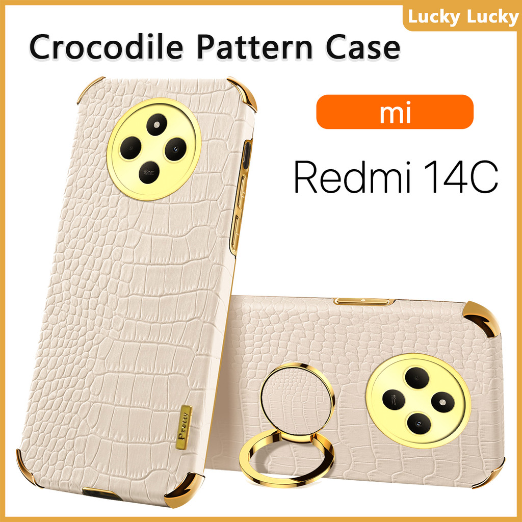 เคส Redmi 14C 13 13C 12 12C นุ่ม ลายจระเข้ ที่วางแหวนนิ้ว ฝาครอบ PU กล้องปกป้องเต็มรูปแบบ ชุบทอง บาง