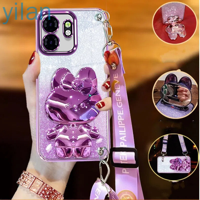 ปลอกหรูหราสําหรับ Infinix Smart 9 X6532 Hot 50i Electroplating โปร่งใส Glitter 3D กระต่ายวงเล็บกระจกเครื่องสําอางเคสโทรศัพท์พร้อมเชือกเส้นเล็ก Crossbody