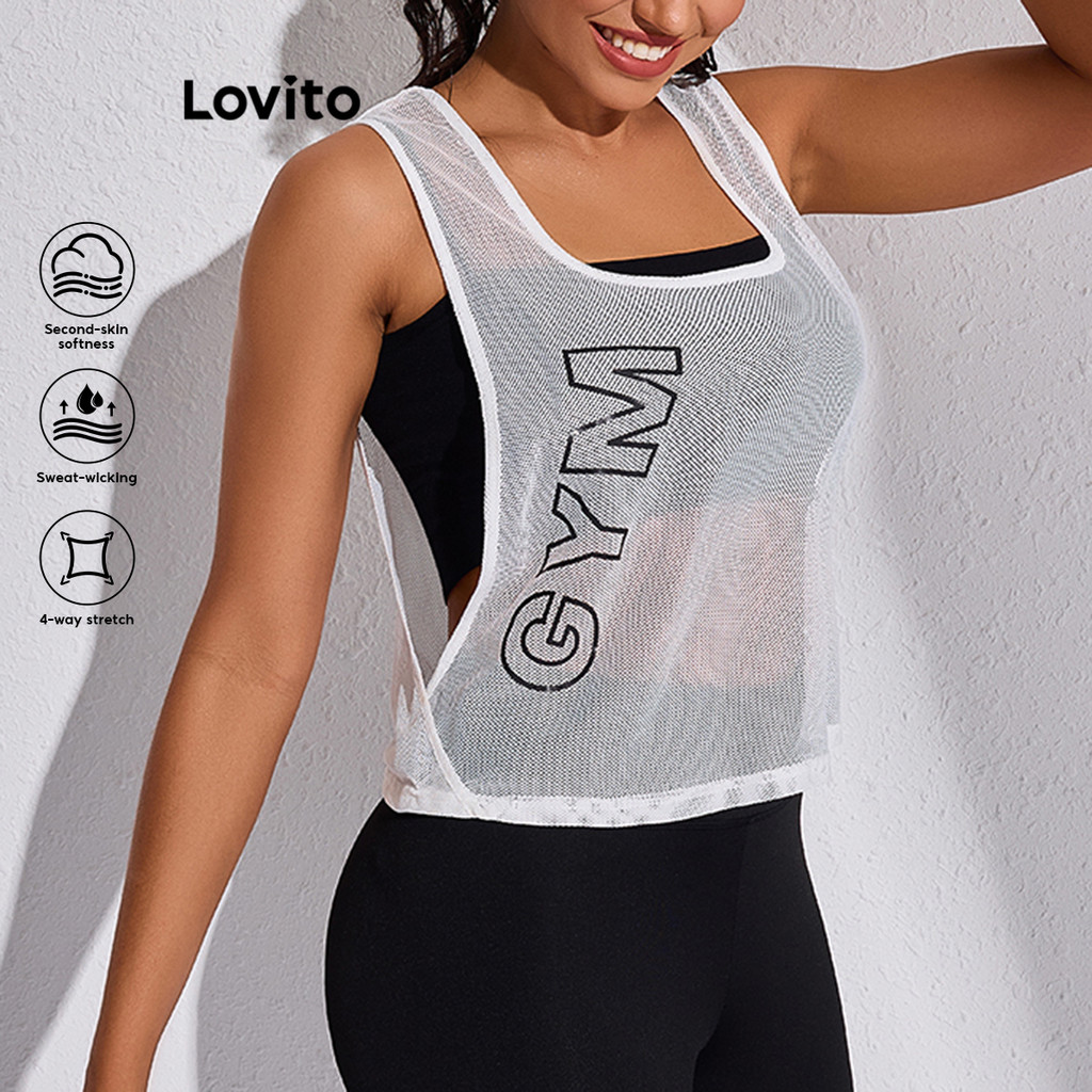 Lovito เสื้อยืดกีฬาสำหรับผู้หญิง สปอร์ตตี้สีพื้นSheer ตัวอักษรเสื้อยืดกีฬาสำหรับผู้หญิง LBL17433