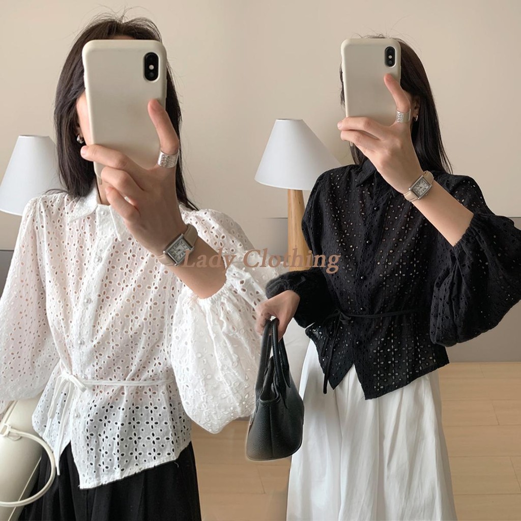 DODO# เสื้อเบลาส์ ปักลายตาไก่ เสื้อเบลาส์ แขนพอง สีพื้น สไตล์ลำลอง สำหรับผู้หญิงแต่งกระเป๋าเสื้อ “w518”