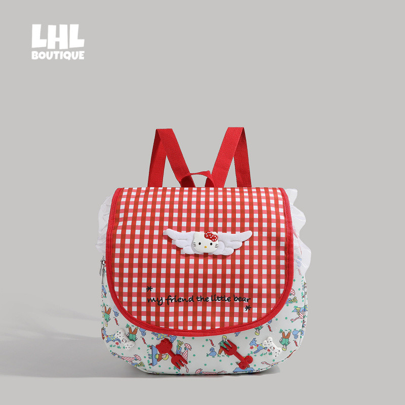 LHL BOUTIQUE ใหม่น่ารักการ์ตูนคิตตี้แมวตารางสีแดงกระเป๋าเป้สะพายหลังลูกไม้ตกแต่ง dopamine กระเป๋า