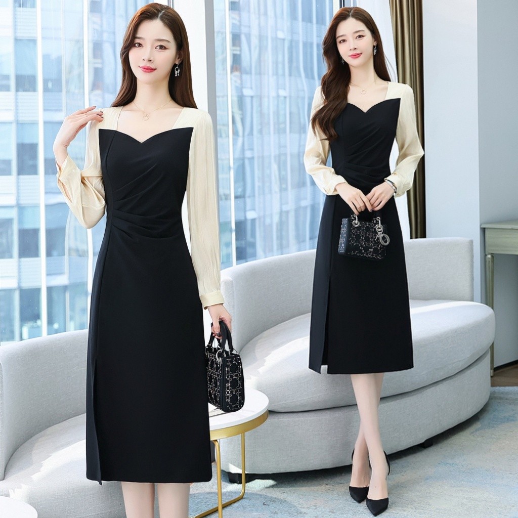 【ใหม่】M-4XL ชุดเดรสพร่างหุ่น แขนพอง ให้ความเรียบหรูมีสไตล์ ใส่ออกงาน ใส่ทำงานได้ เดรสสาวอวบ เดรสสาวพลัสไซส์